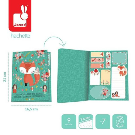 Zestaw 9 rodzajów samoprzylepnych karteczek w notesie Lisek + Jednorożec 7+, opakowanie zbiorcze 12 sztuk (6 szt. + 6 szt.), Janod