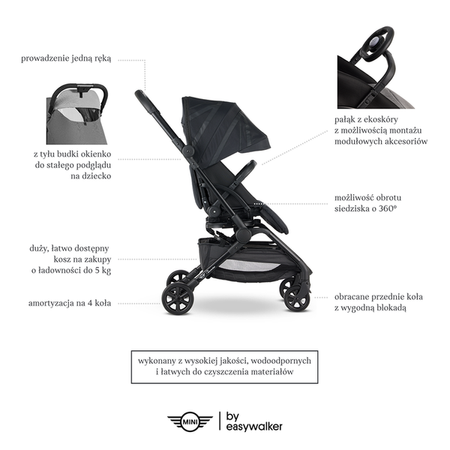 MINI by Easywalker Buggy TURN Kompaktowy wózek spacerowy z obrotowym siedziskiem 360° Oxford Black (z osłoną przeciwdeszczową w zestawie)