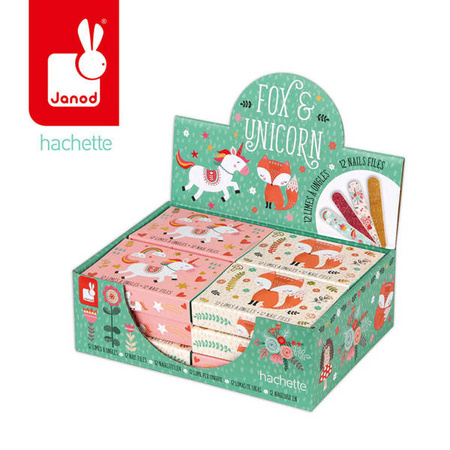 Zestaw 12 mini pilników do paznokci Lisek + Jednorożec 7+, opakowanie zbiorcze 12 sztuk (6 szt. + 6 szt.), Janod