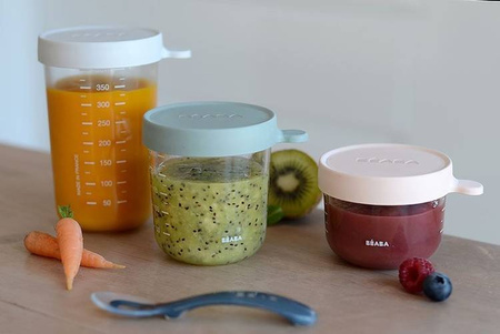 BEABA Zestaw pojemników słoiczków szklanych z hermetycznym zamknięciem 150 + 250 + 400 ml pink, eucalyptus green i light mist