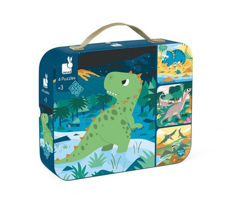 Puzzle progresywne w walizce Dinozaury 4 układanki – 6, 9, 12 i 16 elementów 3+, Janod