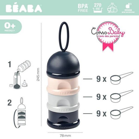 BEABA Pojemniki na mleko w proszku dark blue + gray + pink (opakowanie zbiorcze 6 szt.)