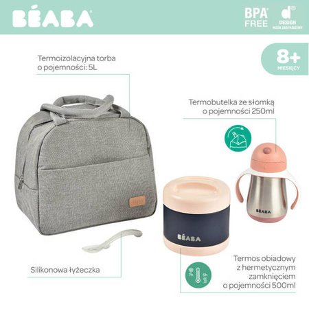 Beaba Zestaw podróżny w torbie izotermicznej: termos obiadowy ze stali nierdzewnej 500 ml, bidon termiczny ze słomką 250 ml i silikonowa łyżeczka 8m+ Old Pink