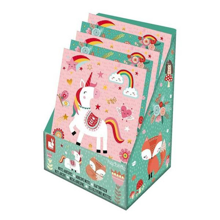 Zestaw 9 rodzajów samoprzylepnych karteczek w notesie Lisek + Jednorożec 7+, opakowanie zbiorcze 12 sztuk (6 szt. + 6 szt.), Janod