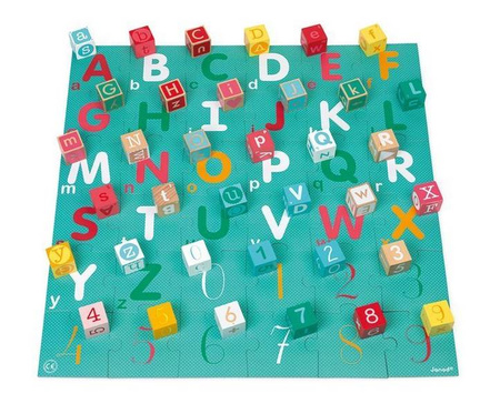 Drewniane klocki z puzzlami Kubix Litery i cyfry 40 elementów 2+, Janod