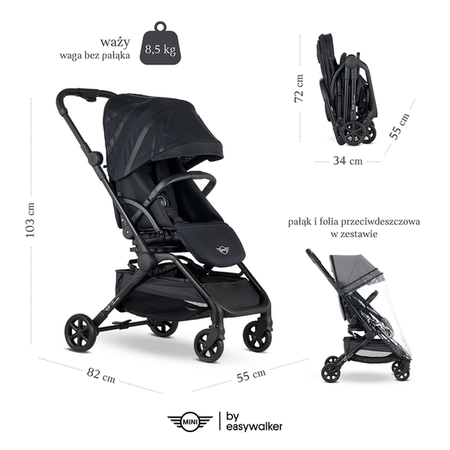 MINI by Easywalker Buggy TURN Kompaktowy wózek spacerowy z obrotowym siedziskiem 360° Oxford Black (z osłoną przeciwdeszczową w zestawie)