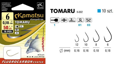 HACZYKI WIĄZANE GOTOWE PRZYPONY 50 cm KAMATSU TOMARU LESZCZ ROZMIAR 6  ŻYŁKA 0.18 CZARNE 540310306