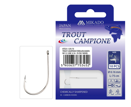 HACZYK TROUT CAMPIONE Nr 10 / line: 0.18 - 100 cm / NICKEL - torebka 10szt. MIKADO HTC01-10N-100