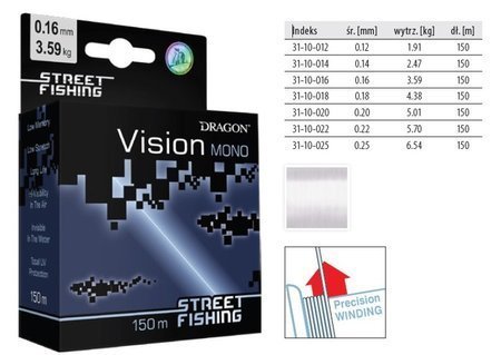 Żyłka  Street Fishing VISION 150 m  0.20 mm/5.01 kg przeźroczysta fluo SUPER CENA !    DRAGON PDF-31-10-020