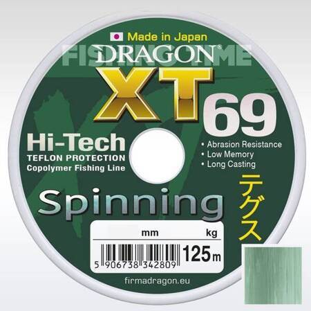 Żyłka  XT69 Hi-Tech / Made In Japan SPINNING 0.28 mm/8.95 kg szarozielona 125 m DRAGON PDF-33-20-328